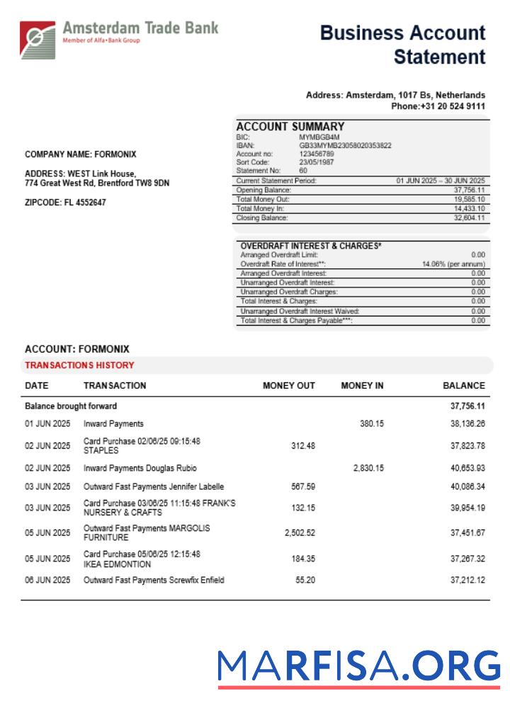 Blank Trade Bank business account statement Word and PDF template